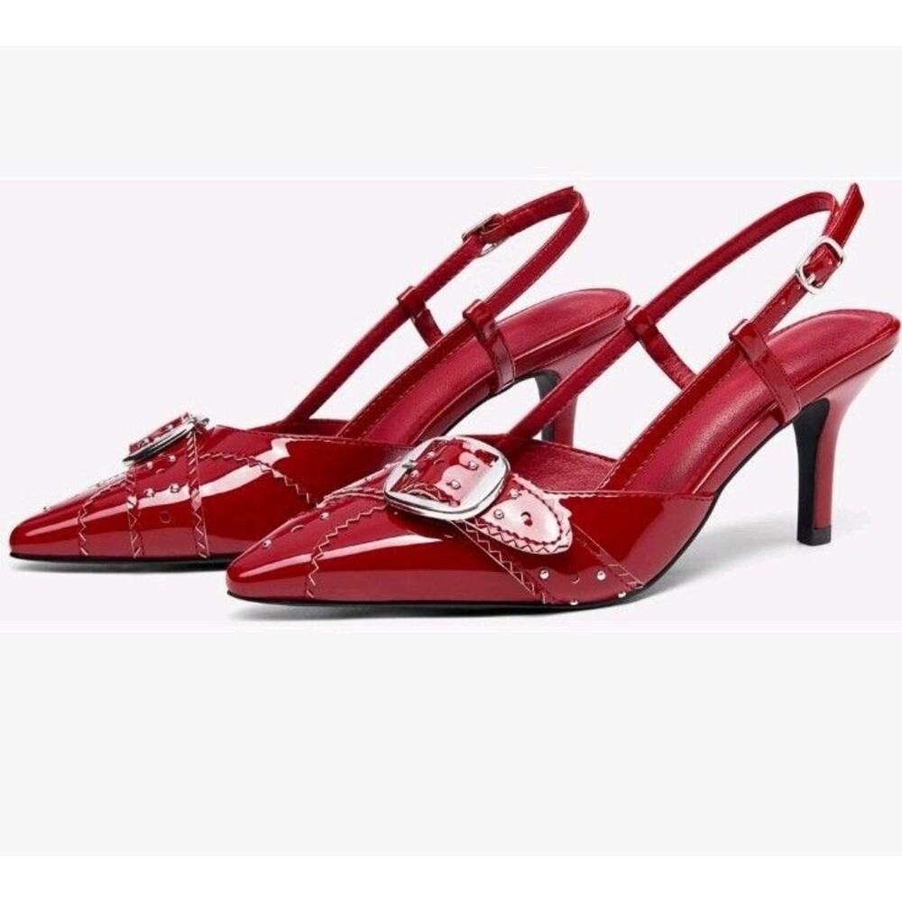 coutgo Women's Red Patent Slingback Pointed Toe Buckle Straps 11 NWOB